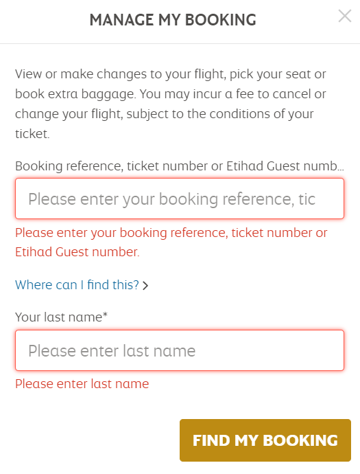Etihad Airways Booking Detail Window