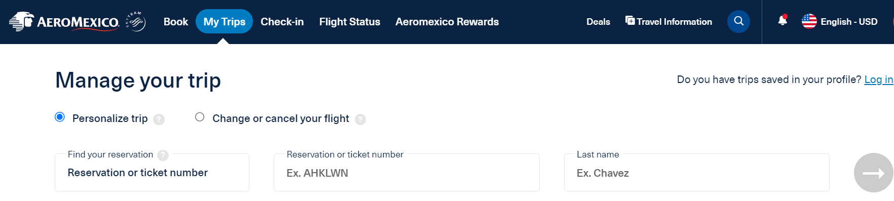 Aeromexico Airline Manage Booking tab
