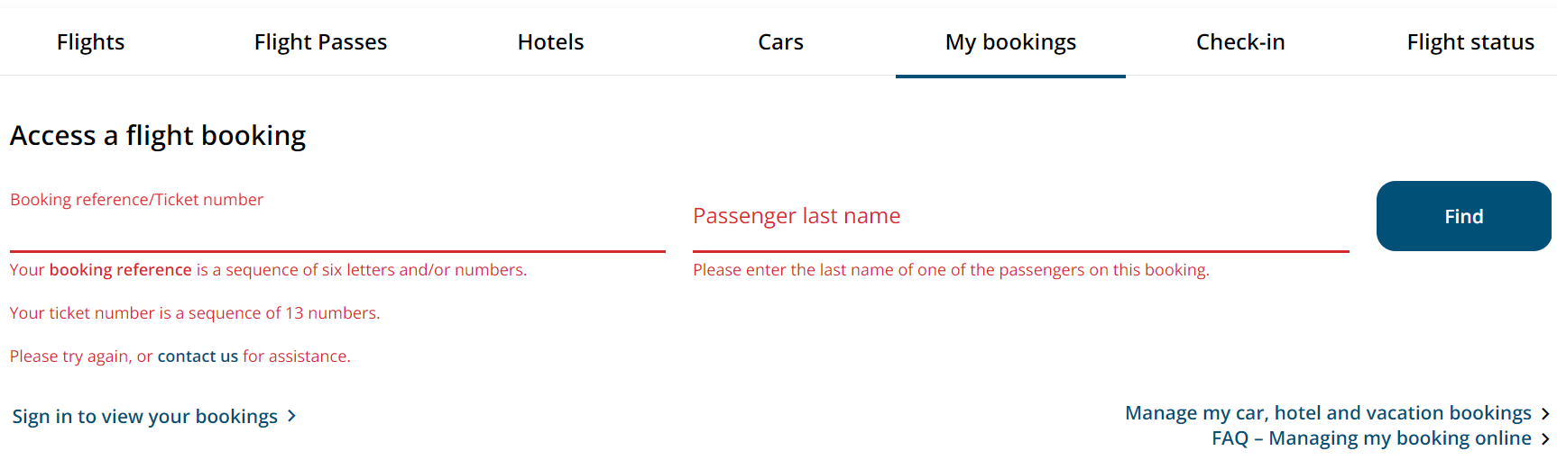 Air Canada manage booking tab
