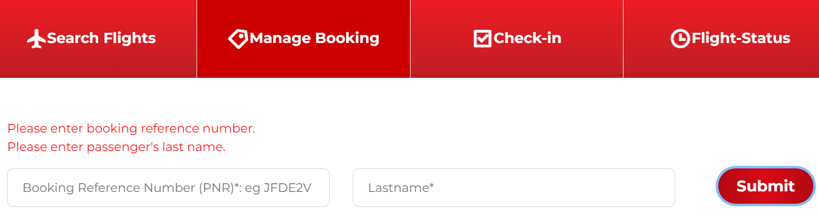 Air India Manage Booking Tab