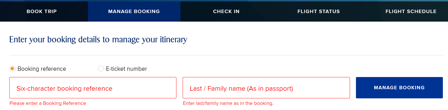 Singapore Airline Manage Booking tab