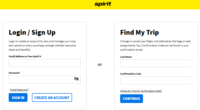 Spirit Airline my trips tab