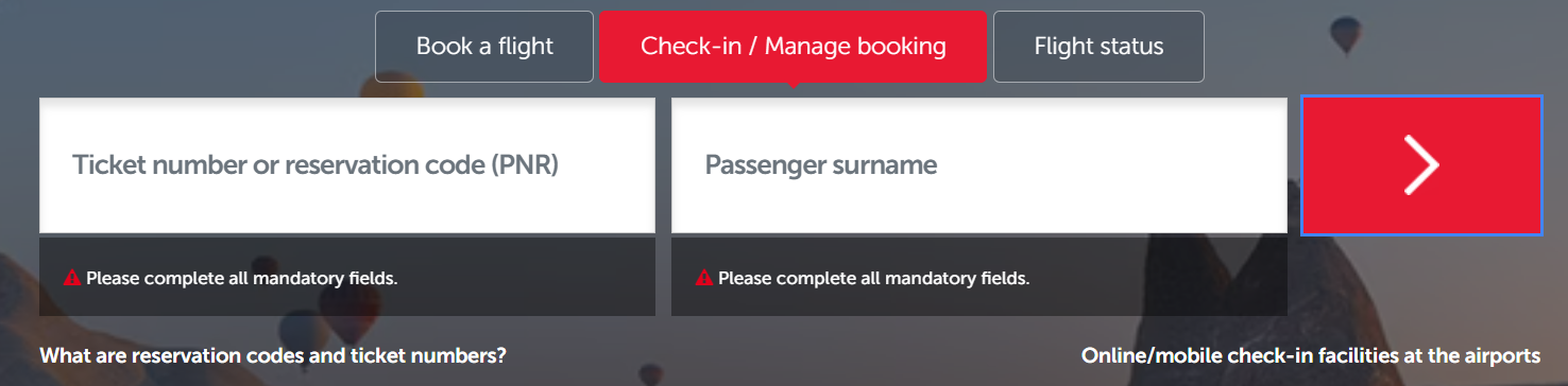 Turkish Airline Manage Booking Tab 
