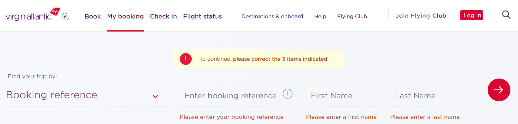 Virgin Atlantic My Booking tab