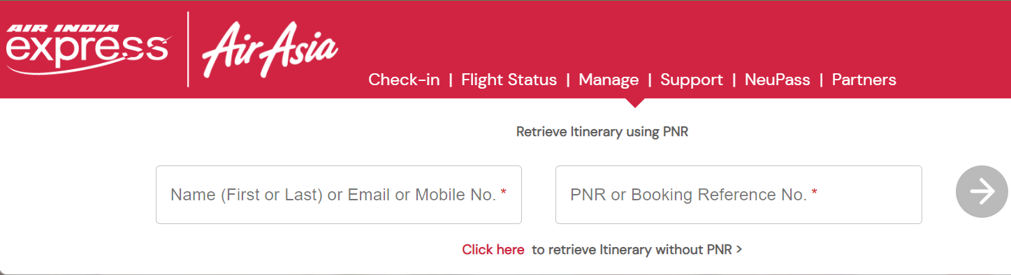 Air India Express Manage Booking Tab