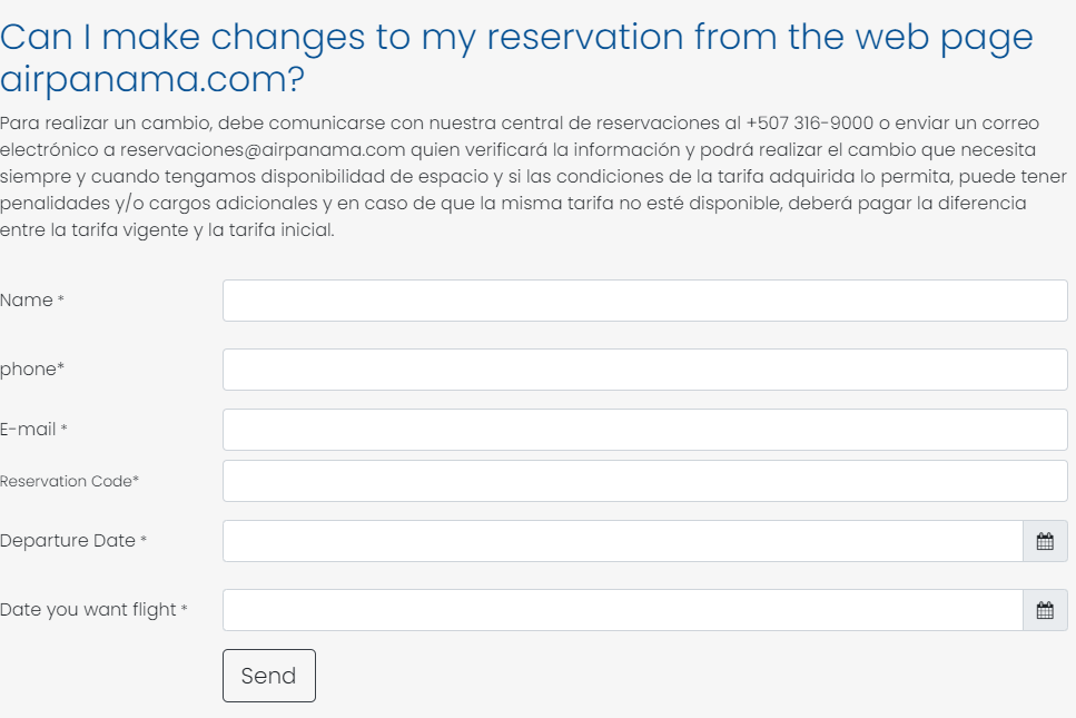 Air Panama manage booking tab