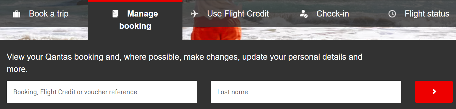 Qantas Airline Manage Booking Tab