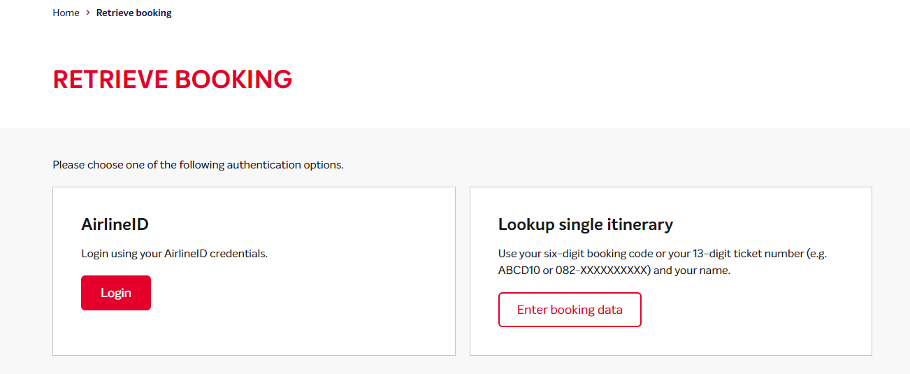 Brussels Airline authentication options