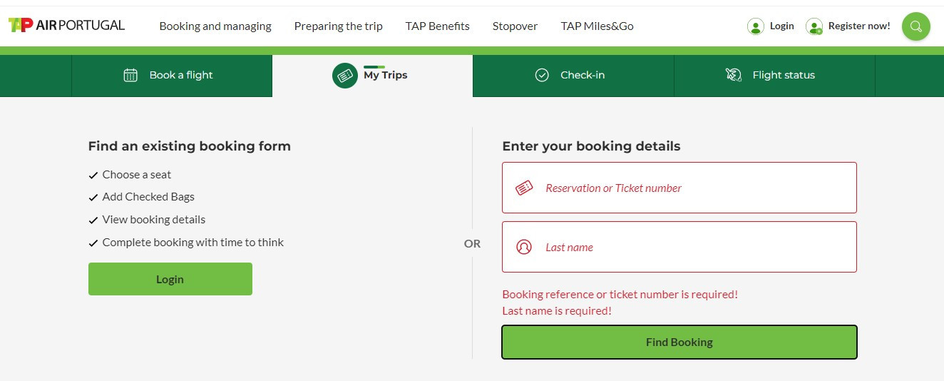 Tap Air Portugal Booking details