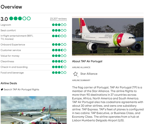 Tap Air Portugal customer reviews