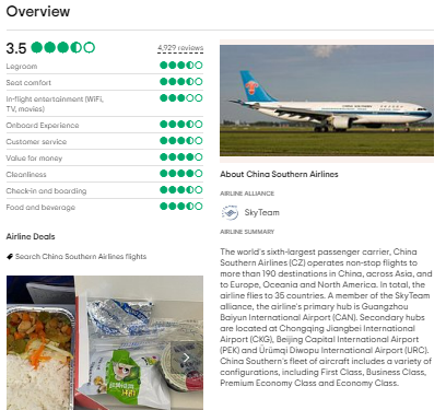 Customer Reviews of China Southern Airline