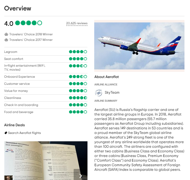 Customer Reviews of Aeroflot Airline